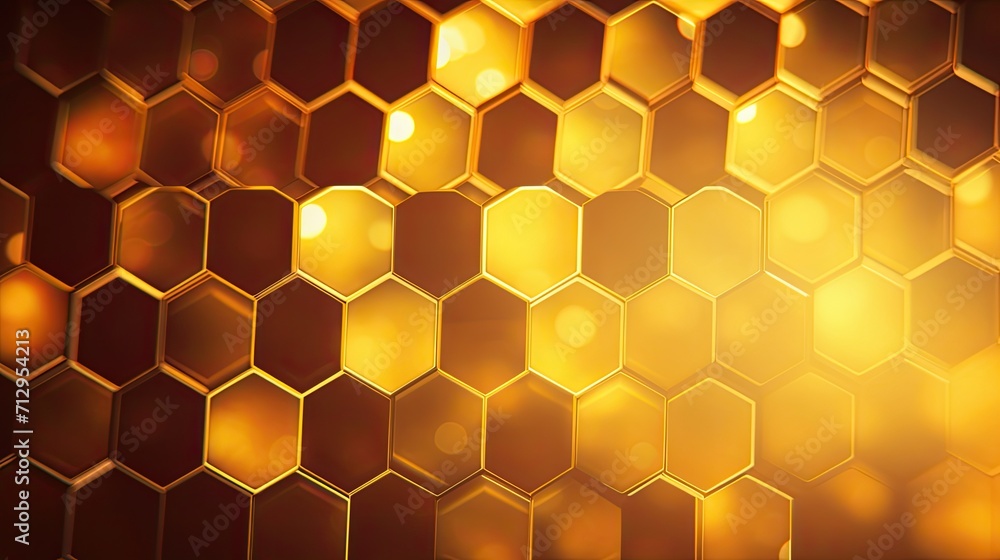 Poster background with yellow hexagons arranged in a circular pattern with a bokeh effect and color grading