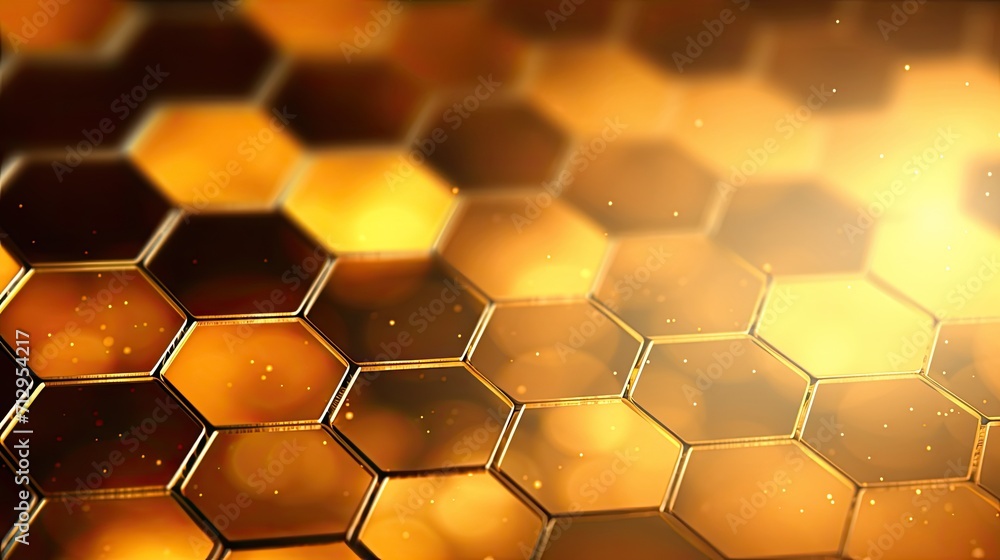 Poster background with yellow hexagons arranged in a circular pattern with a bokeh effect and color grading