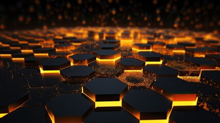 Fototapeta premium Background with yellow hexagons arranged in a circular pattern with a 3d effect and particle system