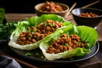 Asian chicken lettuce wraps. Gourmet green oriental appetizer food. Generate ai
