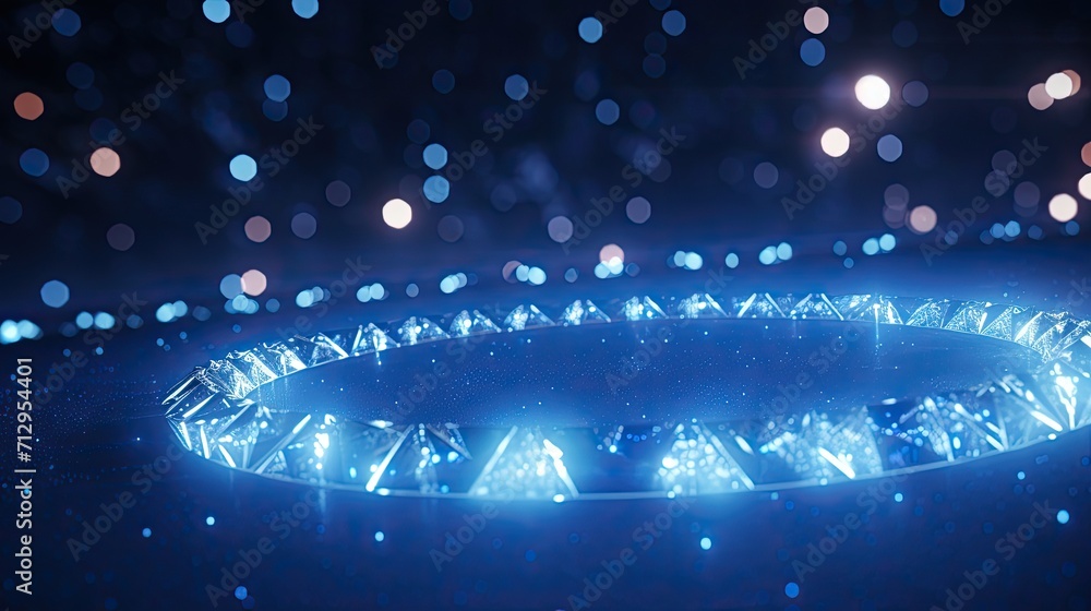Poster background with blue diamonds arranged in a circular pattern with a 3d effect and particle system