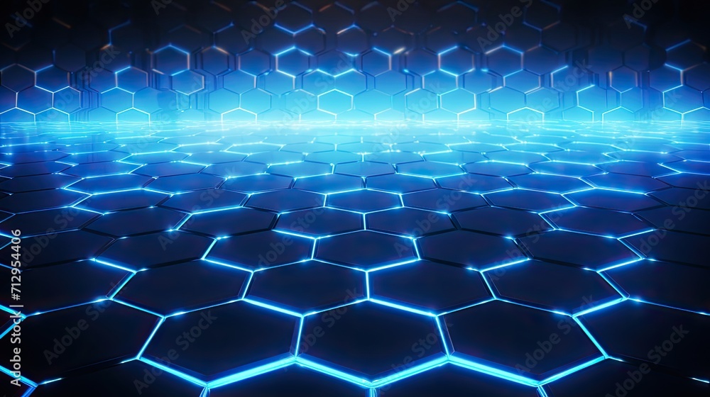 Poster background with blue hexagons arranged in a circular pattern with a neon glow effect and lens flares
