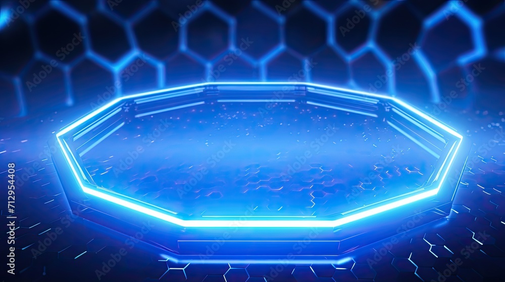 Poster background with blue hexagons arranged in a circular pattern with a neon glow effect and lens flares