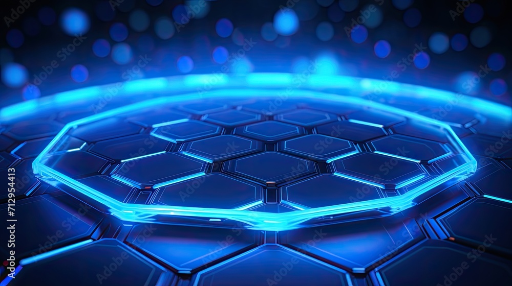 Poster background with blue hexagons arranged in a circular pattern with a neon glow effect and lens flares