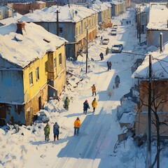 Winterliches Stadtleben: Schneebedeckte Straße am Morgen