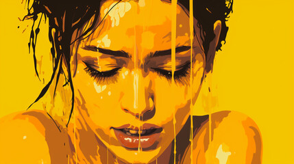 The style of quirky visual storytelling, dark yellow and light brown, girl expression