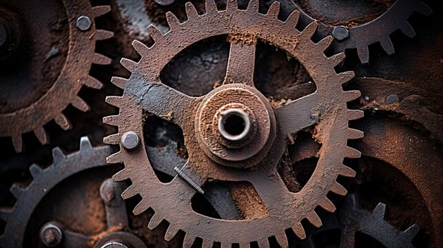 A close-up image capturing the intricate details of old rusty gears.