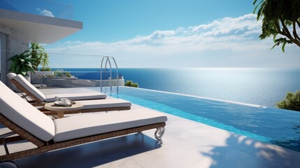 Elegant Oceanfront Infinity Pool with Sunbeds and Umbrella