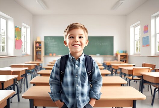 A little boy smiling happily in a classroom at school, The concept of happily going to school, back to school