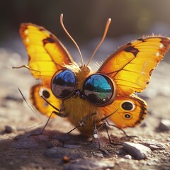 Cute butterfly with big eyes, male, with sunglasses, and smartphone, humanized, smiled, ultra realistic.