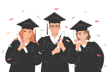Happy graduates wearing an academic gown and a graduation cap and holding a diploma. Girls and boys celebrate their university or college graduation. Vector illustration