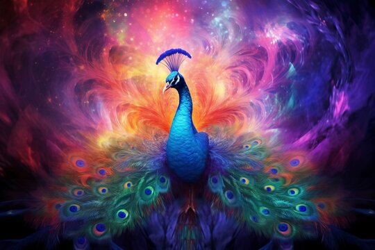 A majestic peacock dissolving into teal and violet fractal mist, in Neo Impressionism style.