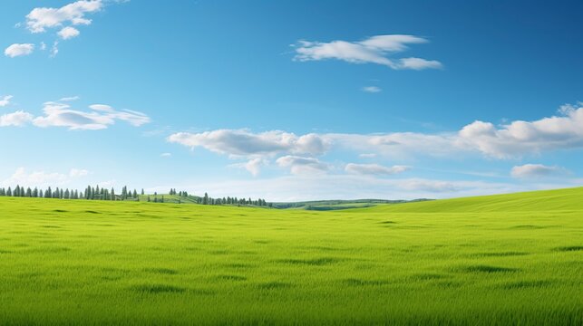 A vast and serene green field stretching as far as the eye can see under a clear blue sky.