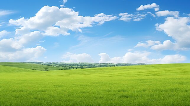 A vast and serene green field stretching as far as the eye can see under a clear blue sky.