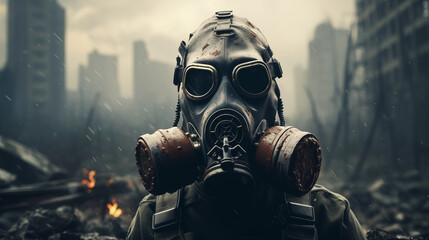 People in Gas Mask in the Post-Apocalyptic World. Banner with place for text