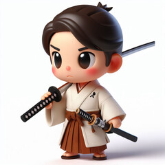 Cute little boy wearing a typical Japanese kimono, carrying a katana on a white background. 3d rendering. 3d model cute boy. Generative AI