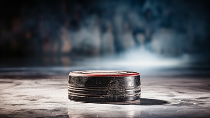 Hockey Puck on a Ice Arena. Banner with place for text - obrazy, fototapety, plakaty