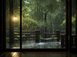 rainy day window in the forest