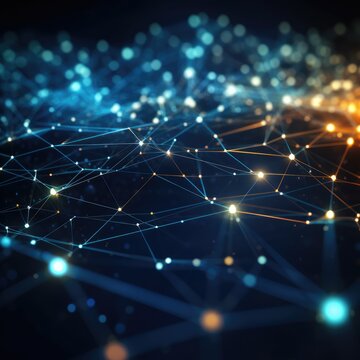 glowing thin line moving showing fast movement connecting thousend dots in network 