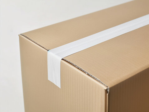 Close up of kraft box brown cardboard with blank white adhesive tape mockup