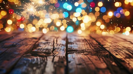 Wood floor empty with bokeh lights on fireworks background, Advertisement, Print media, Illustration, Banner, for website, copy space, for word, template, presentation