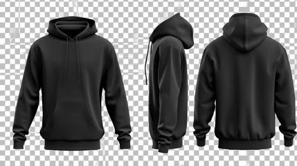 Fotobehang Set of black front and back view tee hoodie hoody sweatshirt on transparent background cutout, PNG file. Mockup template for artwork graphic design © Space_Background