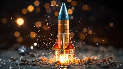 Conceptual image of money and rocket on bokeh background