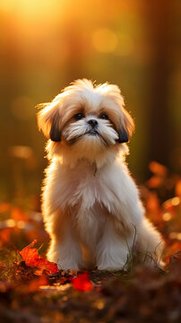 Shih Tzu Puppy playing with autumn leaves.