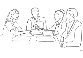 Continuous line drawing of group of business people discussing in conference room. Creative business team brainstorming over new project isolated on white background