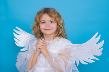 Cute angel kid, studio portrait. Blonde curly little angel child with angels wings, isolated background.