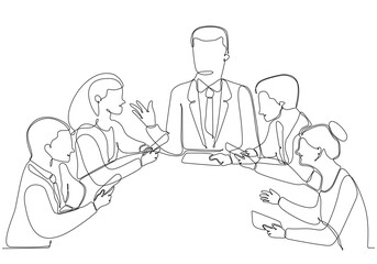 Continuous line drawing of group of business people discussing in conference room. Creative business team brainstorming over new project isolated on white background