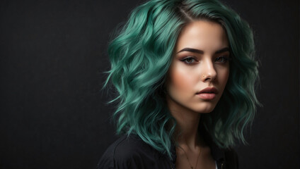 Fototapeta premium young woman with green hair isolated on black background