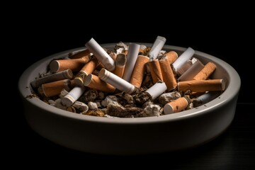Ceramic round ashtray. Deadly and unhealthy cigarettes cause dependence and disease. Generate AI - obrazy, fototapety, plakaty