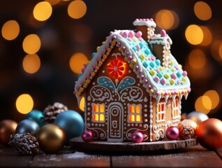 Fototapeta na wymiar Decorated Gingerbread House Icing Christmas Holiday Background