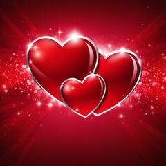 Red pair of hearts with bright light decorative garlands and golden confetti, Romantic background.