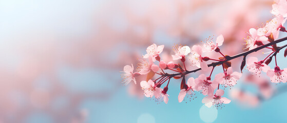 Beautiful clean background with spring flower branches, soft focus and light, bokeh, copy space