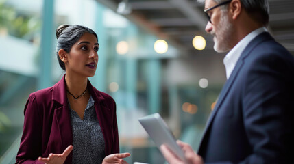 Coworkers are standing in a modern office environment, smiling and looking at a digital tablet that the man is holding.