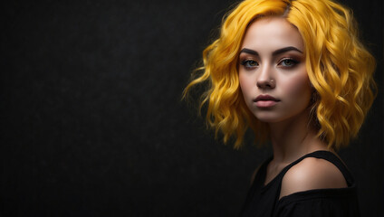 Naklejka premium young woman with yellow hair isolated on black background