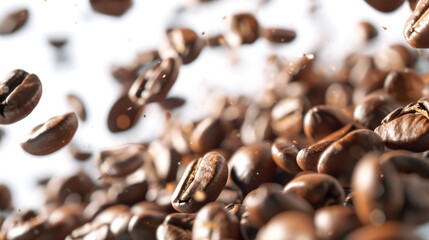 Close-up view of richly brown, roasted coffee beans scattered on a white surface.