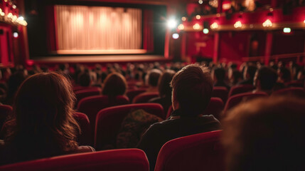 Audience is seated in a cinema with a focus on the back of their heads, looking towards a blank movie screen with red seats and atmospheric lighting.