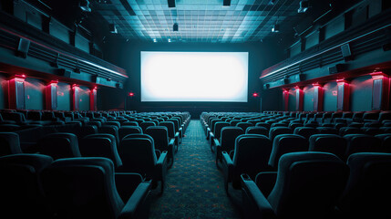 Empty cinema theater with rows of red seats facing a large blank movie screen, ready for a film to be projected.