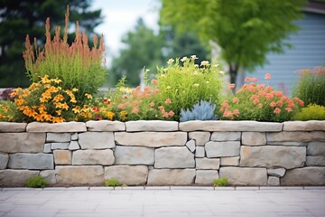 stone retaining wall with flowering shrubs - obrazy, fototapety, plakaty