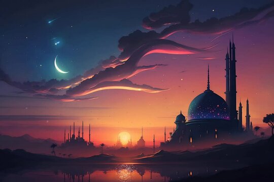 beautiful sunset behind mosque during ramadan. seamless looping 4K video animation background	