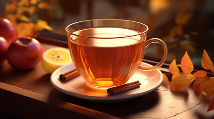 hot apple cider coffee. low front angle 3d rendering. hot tea near windoe with blurred autumn leaves.