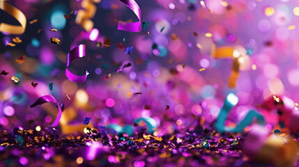 Festive explosion of colorful confetti in mid-air, with a blurred background enhancing the sense of movement and celebration.