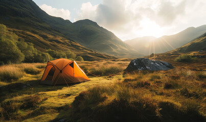 Blue tent amidst the rolling hills and dry grass of the Scottish Highlands. - obrazy, fototapety, plakaty