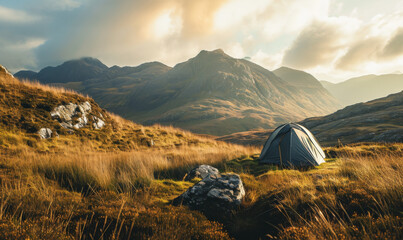 Blue tent amidst the rolling hills and dry grass of the Scottish Highlands. - obrazy, fototapety, plakaty
