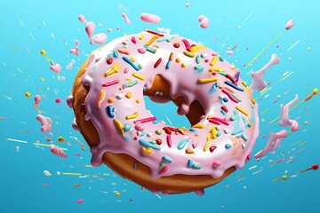 Colorful moving donuts with glaze, sprinkles, and a baby blue background in a creative illustration. Generative AI