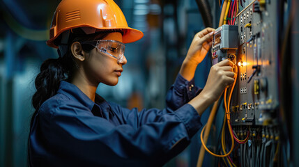 A focused female electrician in a yellow safety helmet meticulously works on a complex electrical panel