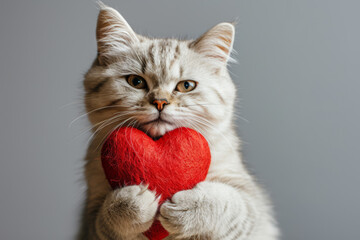 Weiße Katze, die ein großes rotes Valentinsherz hält